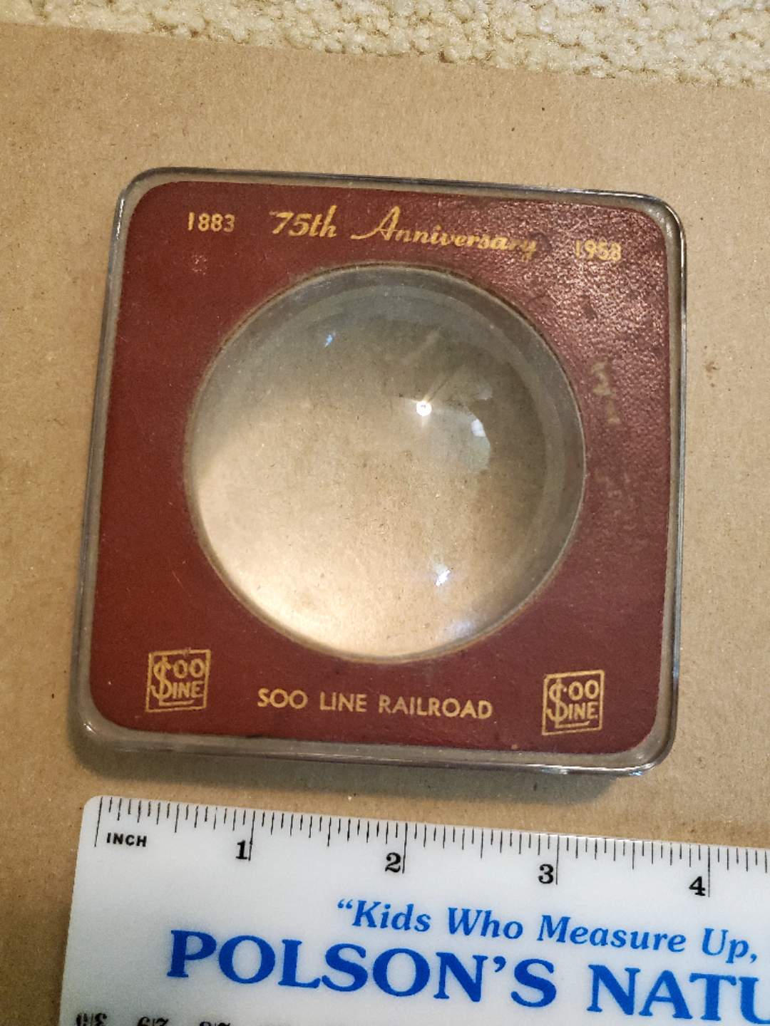 Vintage Soo Line RR 75th Anniversary Desk Paperweight Magnifier Magnifying Glass