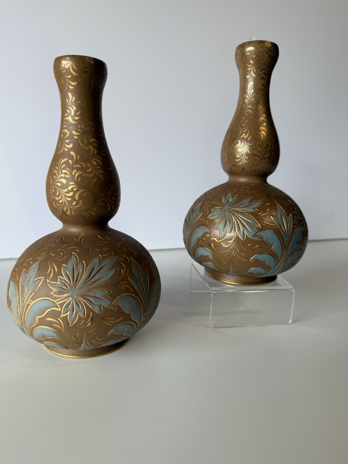 1885 DOULTON LAMBETH VASES PAIR Hand Painted LACE FLORALS SLATERS PATENT 8\