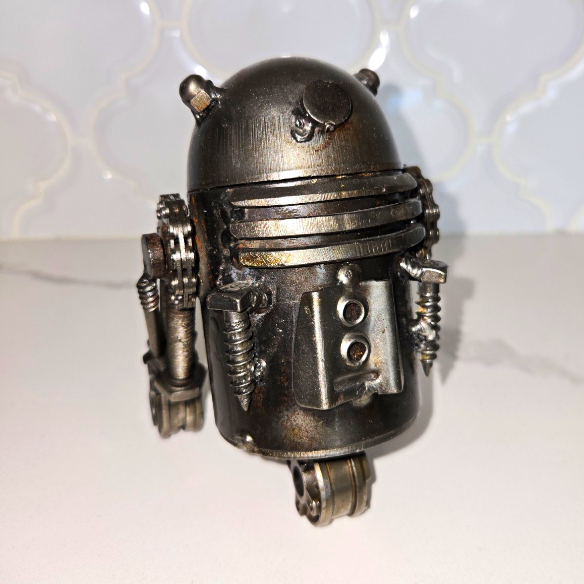 VTG StarWars R2D2 Inspired Recycled Handmade Metal Sculpture w/ Flip Top Lid 5in