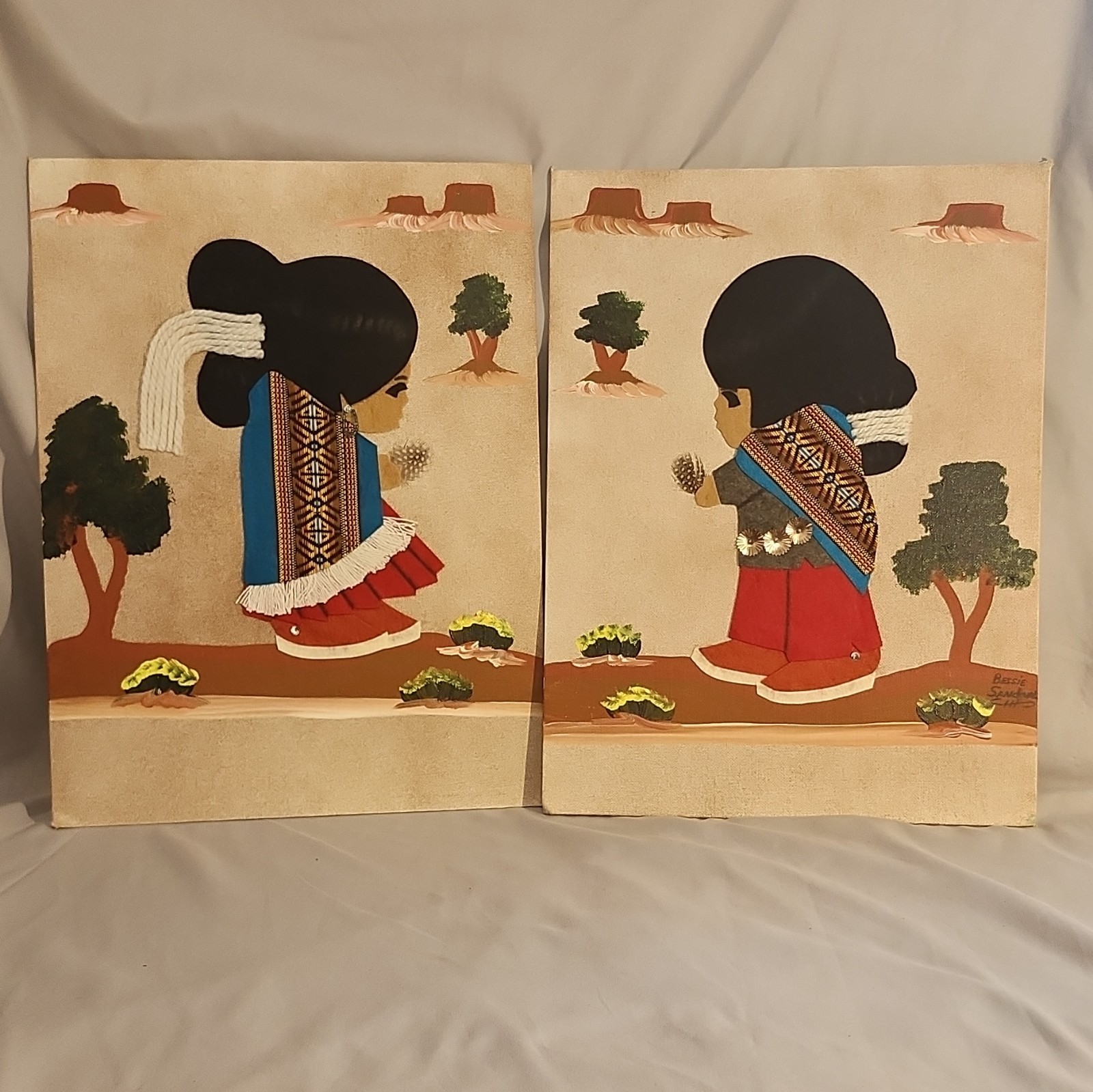 Vintage 12x16 Navajo Indian Boy/Girl felt pictures. Set of 2. Beautiful