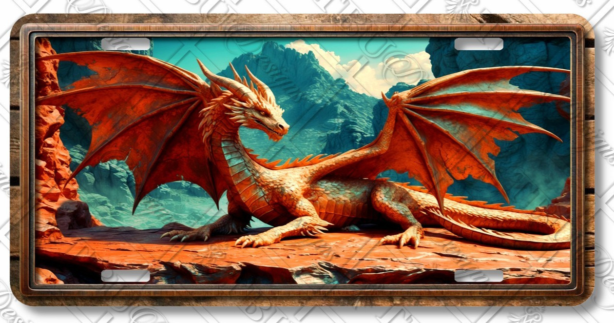 Majestic Red Dragon License Plate – Rustic Fantasy Aluminum Car Tag – LP-DR003