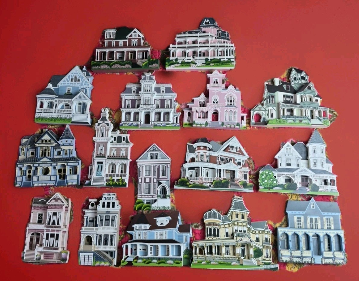 ​16pc Shelia's Collectibles Wood House Lot RARE Gold Hand Signed by Artist