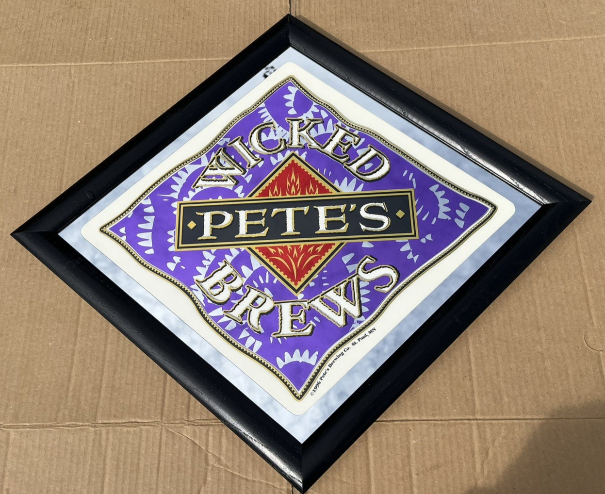 Vintage 1996 Pete's Wicked Brews Purple Diamond-Shape Mirror Beer Brewiana Sign
