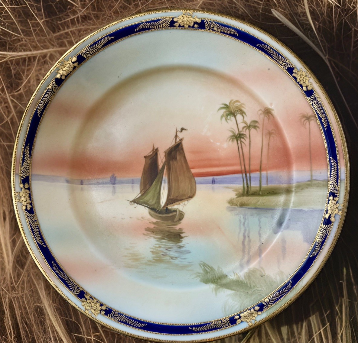 Antique Noritake Nippon Hand Painted Sailboat Egyptian plate plaque 10” d Antique Noritake Nippon Hand Painted Sailboat Egyptian plate plaque 10” d