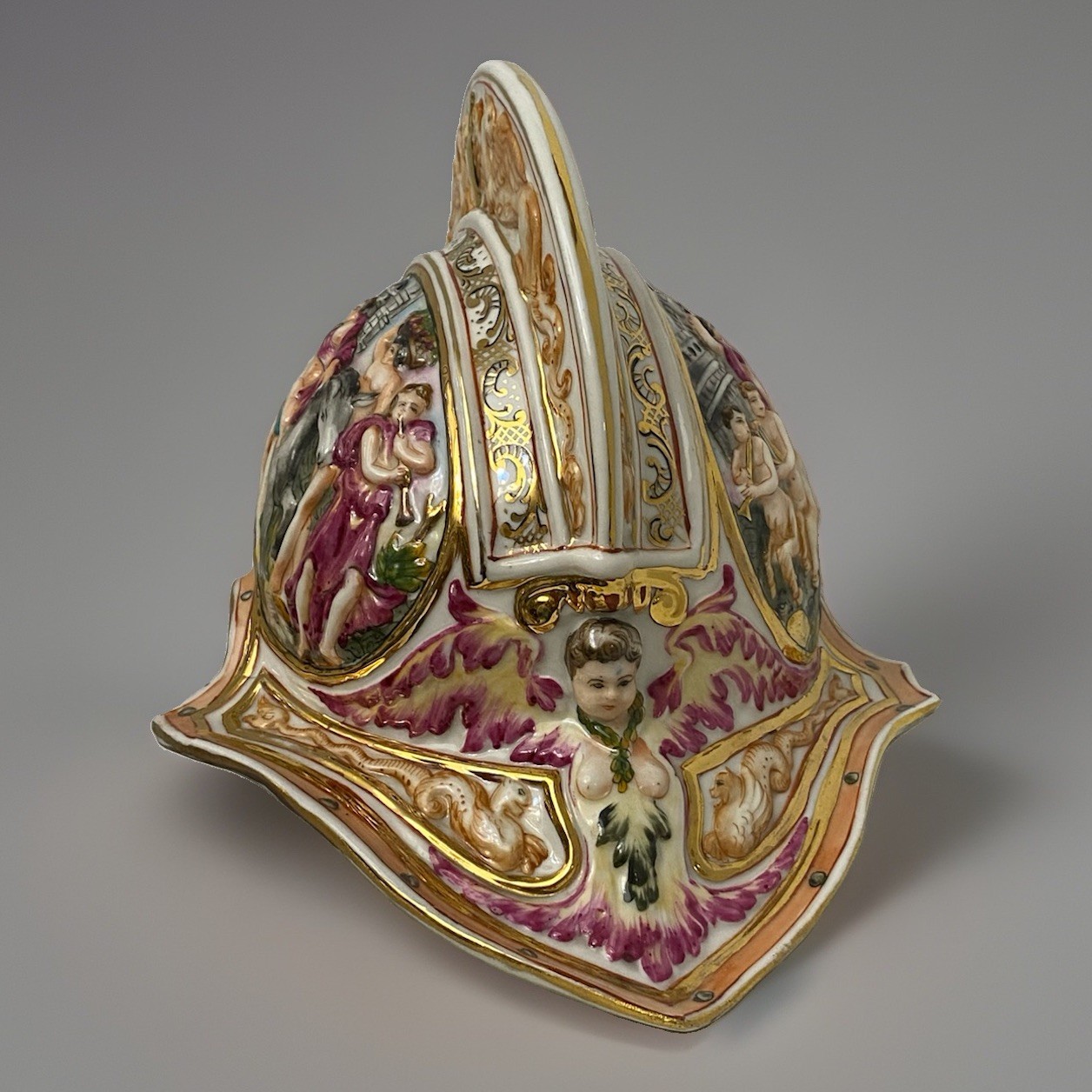 Porcelain Helmet Marked Capodimonte, Blue Crown Over Neapolitan N Mark