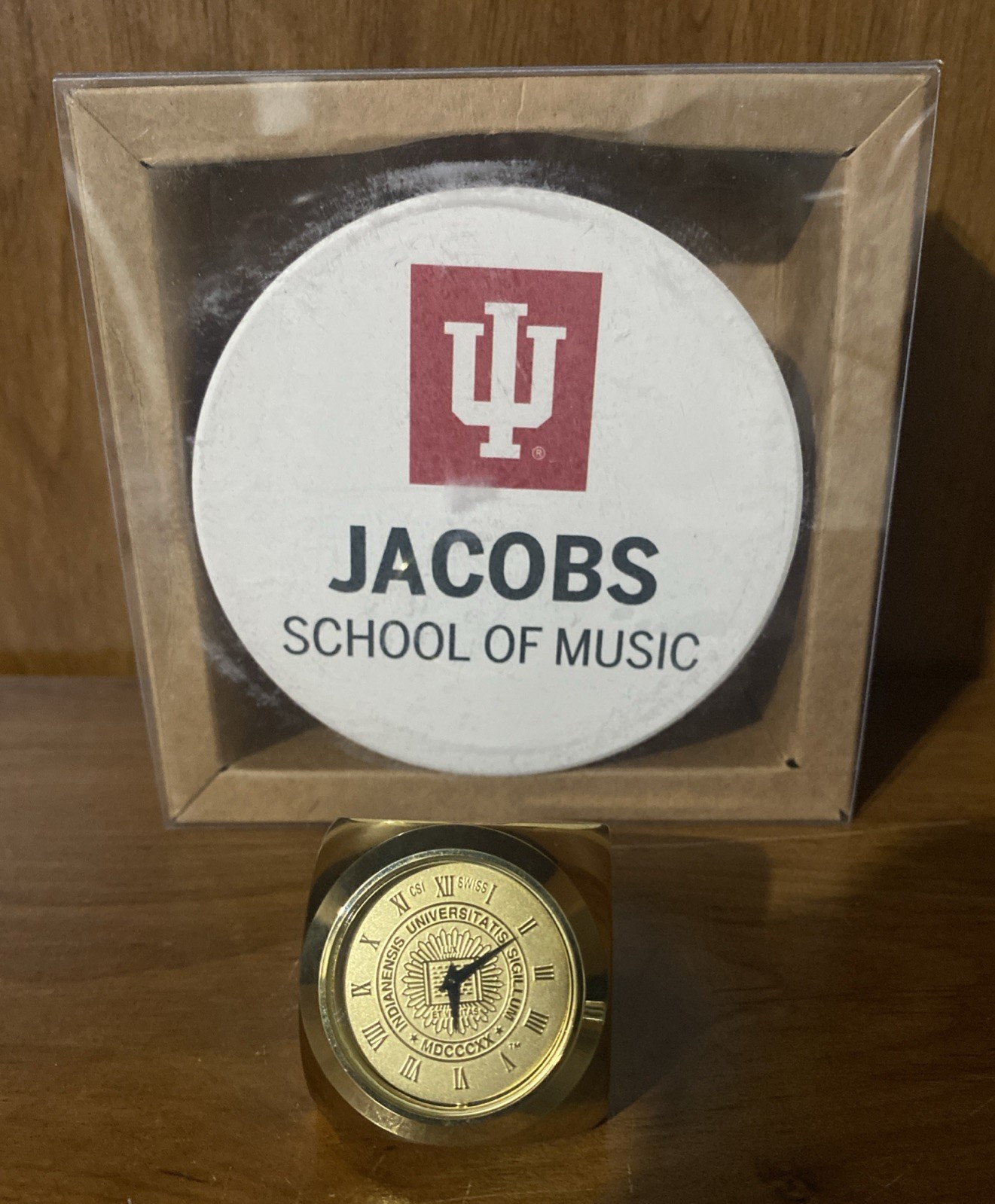 University Of Indiana Brass Swiss Clock & Jacobs School Of Music Ceramic Coaster