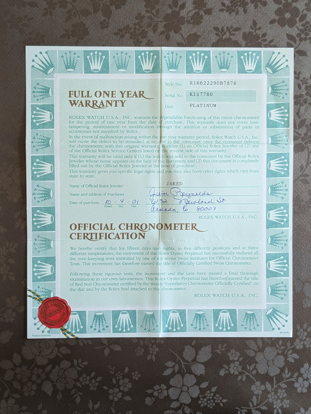 Authentic Rolex Yacht-Master 16622 Guarantee Certificate K-Serial 2001 Authentic Rolex Yacht-Master 16622 Guarantee Certificate K-Serial 2001