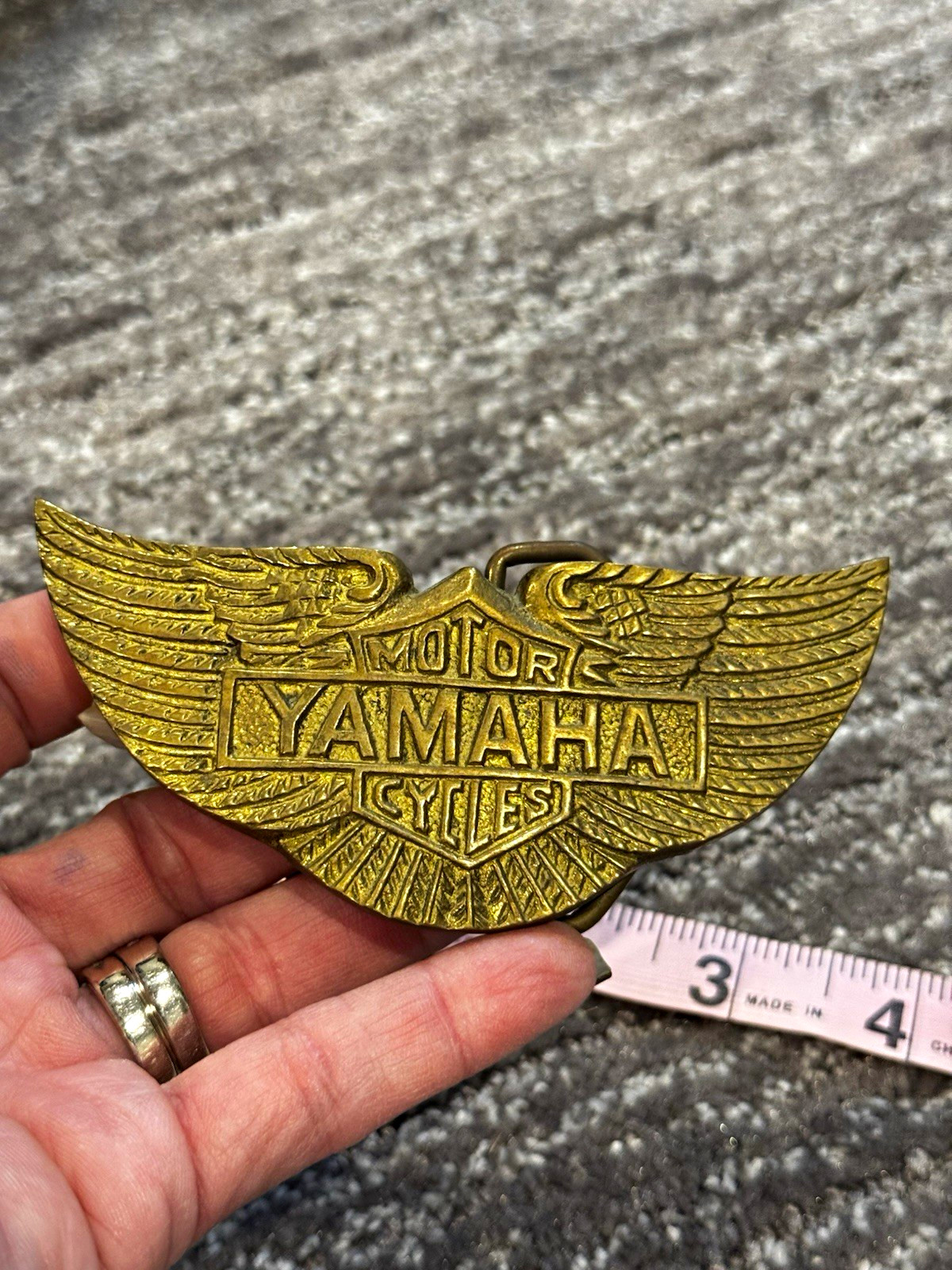 Vintage Yamaha Motorcycle Winged Belt Buckle Biker Solid Brass Collectible