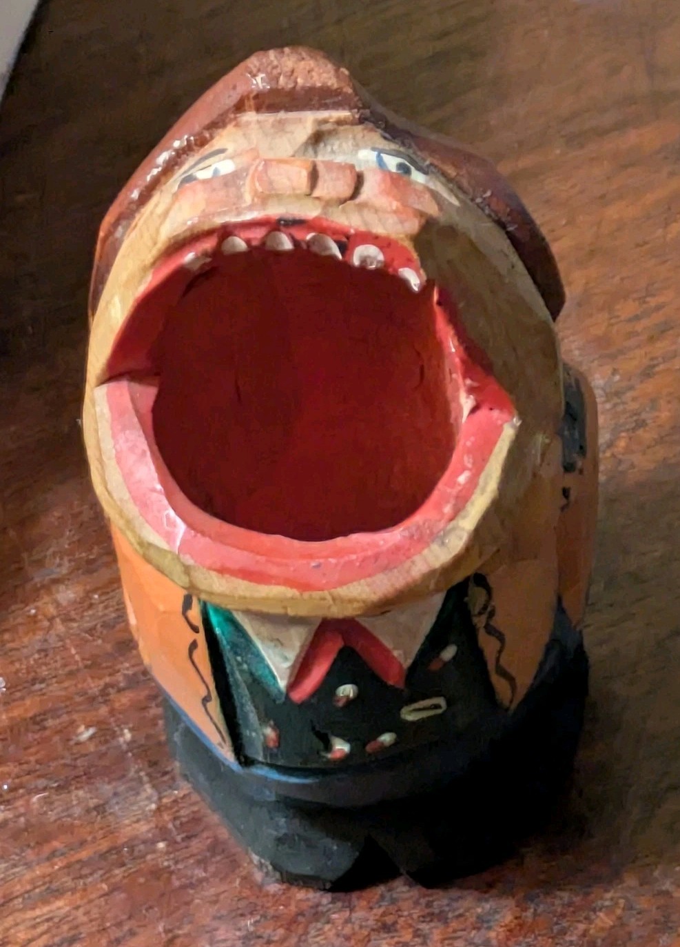 Vintage Anri Big Mouth Carved Wood Matchstick-Toothpick Holder. Unique 