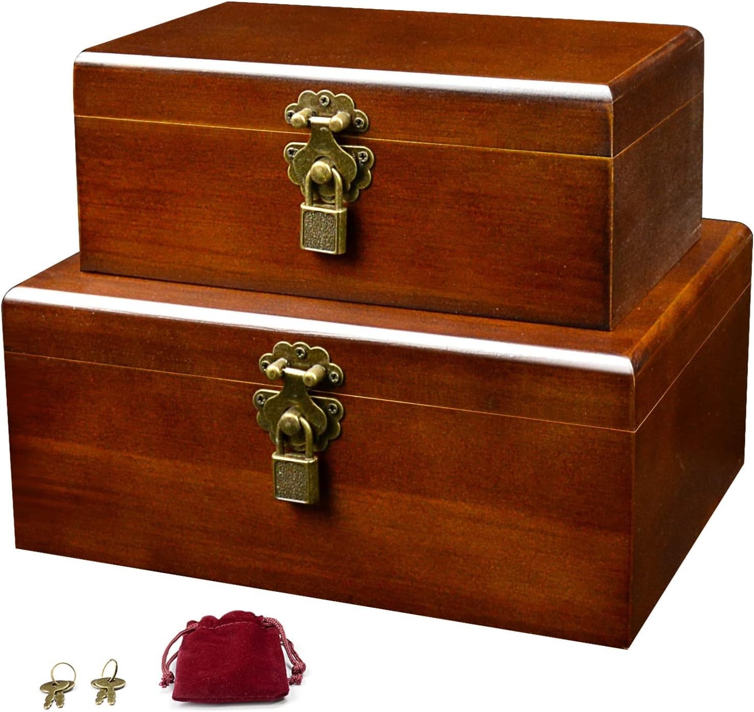 Set of 2 Wooden Storage Boxes Container with Hinged Lid, Large Wood Craft Kee... Set of 2 Wooden Storage Boxes Container with Hinged Lid, Large Wood Craft Kee...