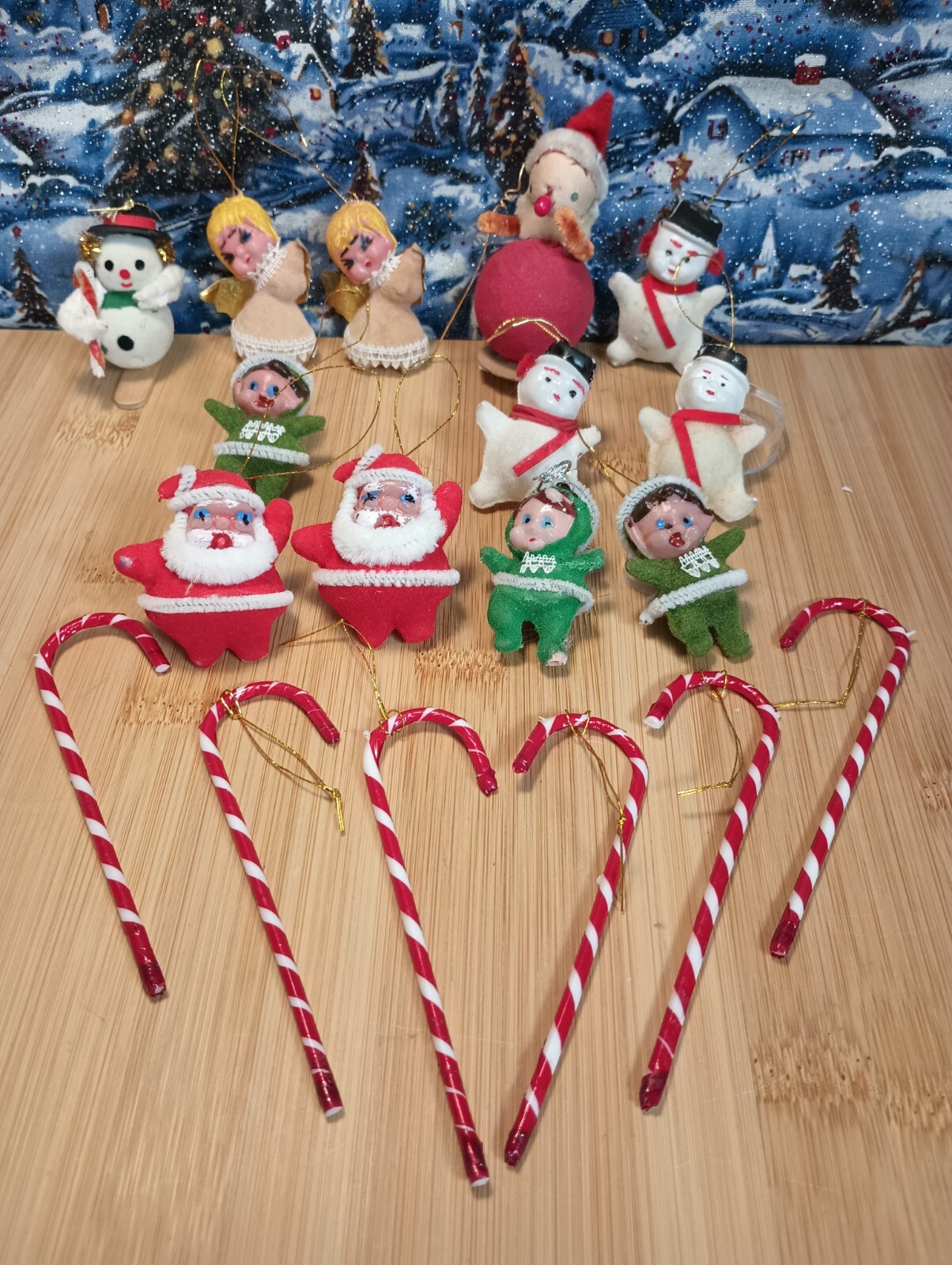 18 Vintage Christmas Ornaments Flocked Santa Elves Angel Snowman And Candy Canes