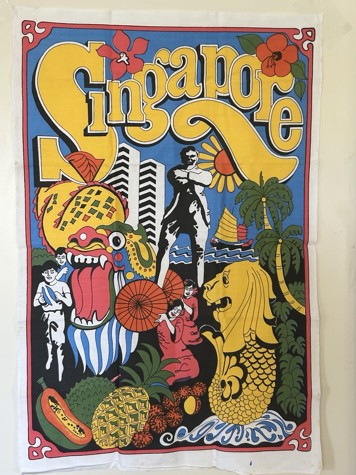 Vintage Singapore Tea Towel Cotton Psychedelic Souvenir Excellent condition