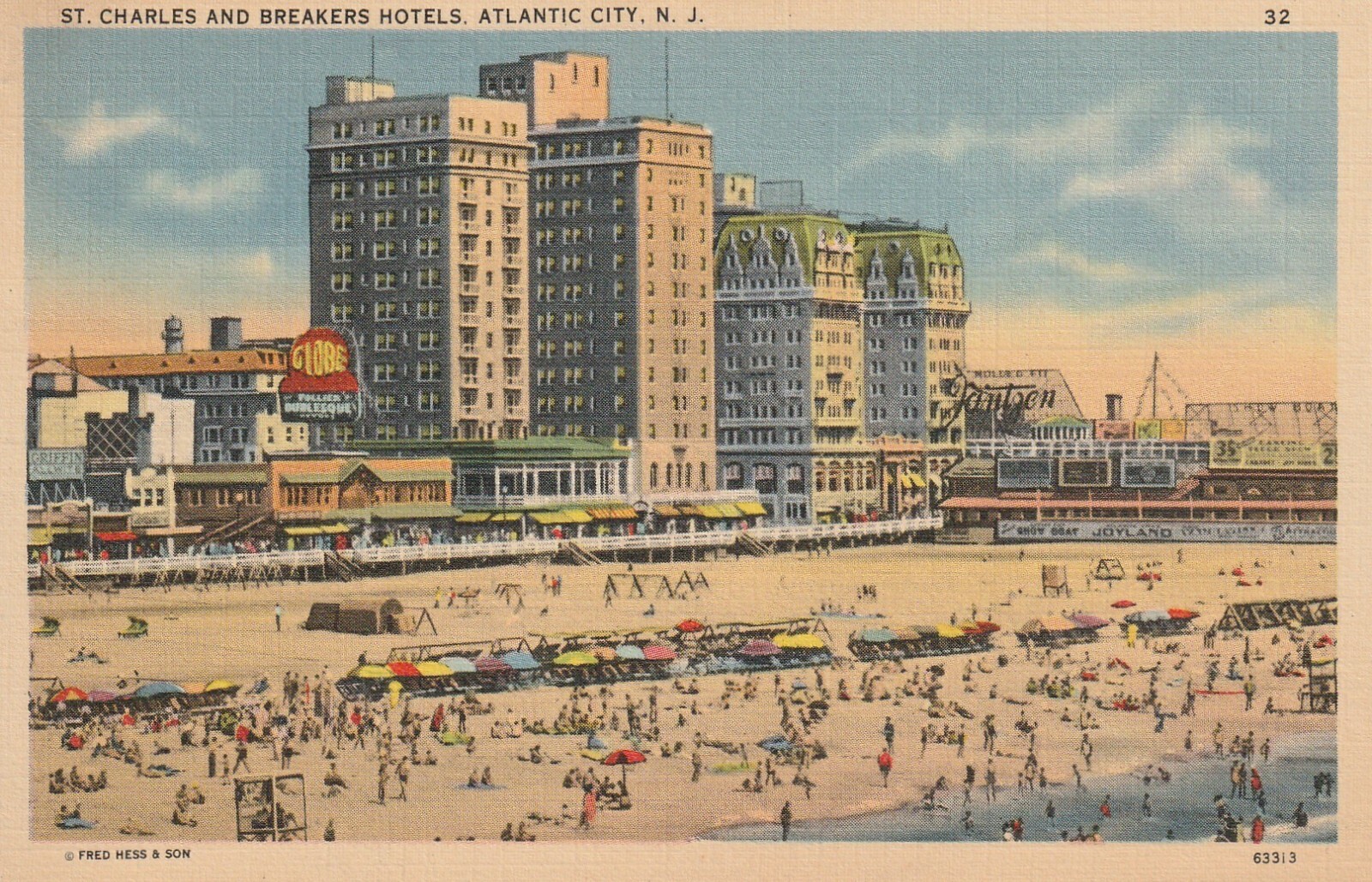 C 1930s View Of St Charles and Breakers Hotels, Atlantic City, NJ Beach a135