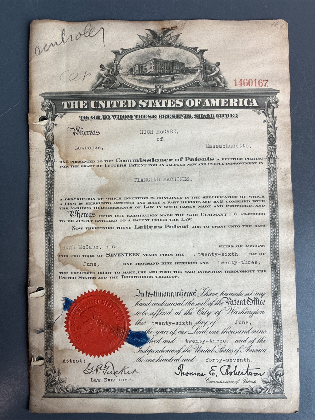 Original 1923 Patent Petition “Flanging Machines” by Hugh McCabe Lawerence, MA