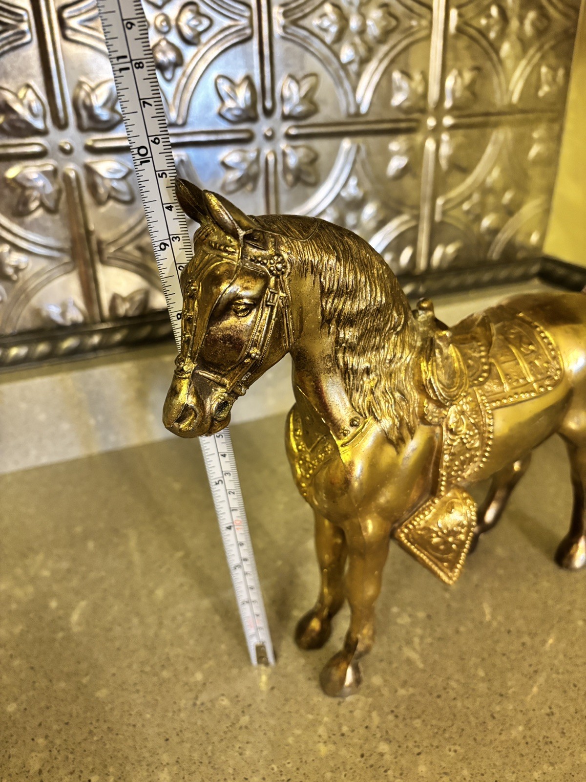Vintage Pot Metal Horse Figurine Brass Bronze Copper Tone Western Decor Statue