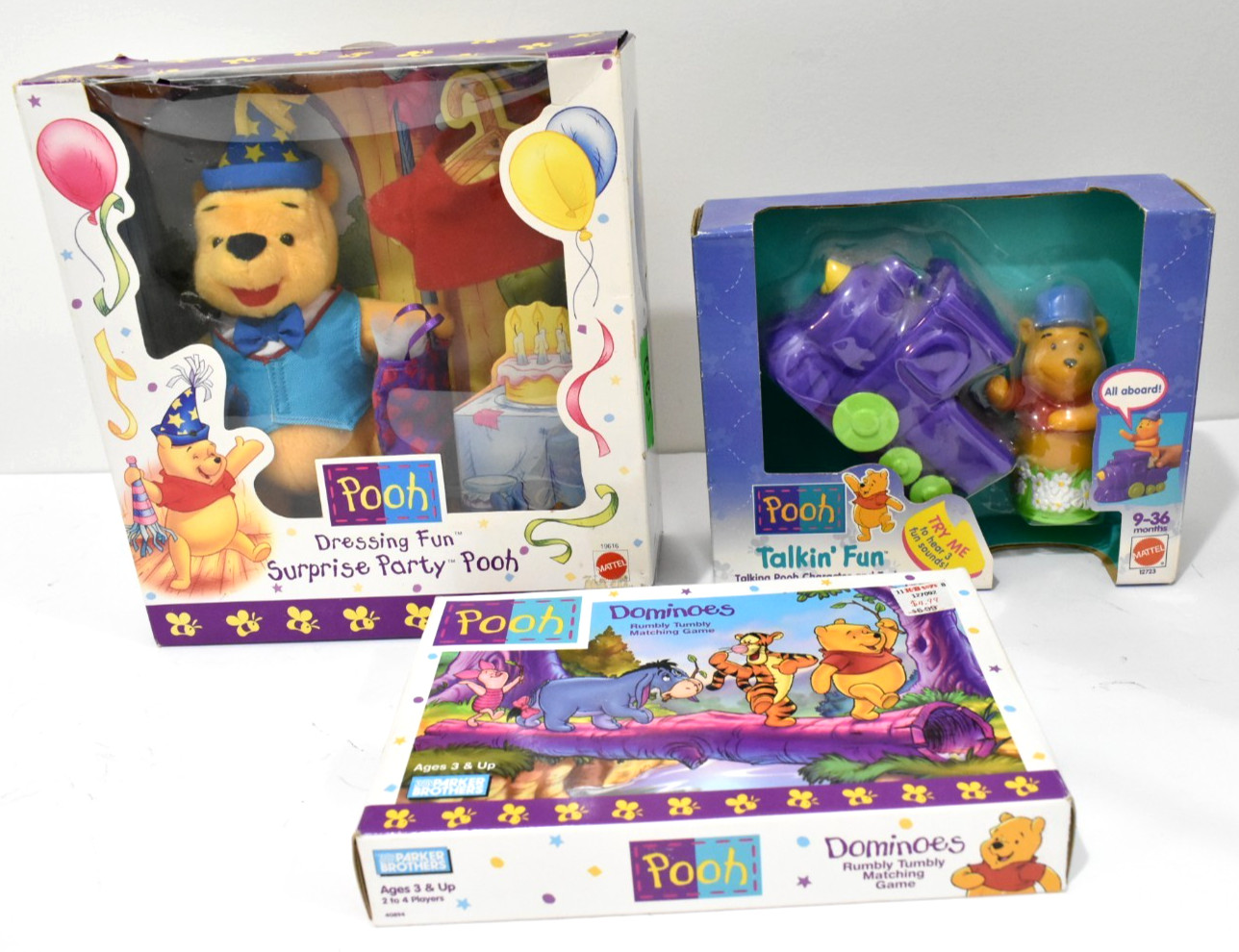 New Mattel Lot Of 3 Pooh Toys Talkin Fun With Train, Dominoes, Dressing Fun