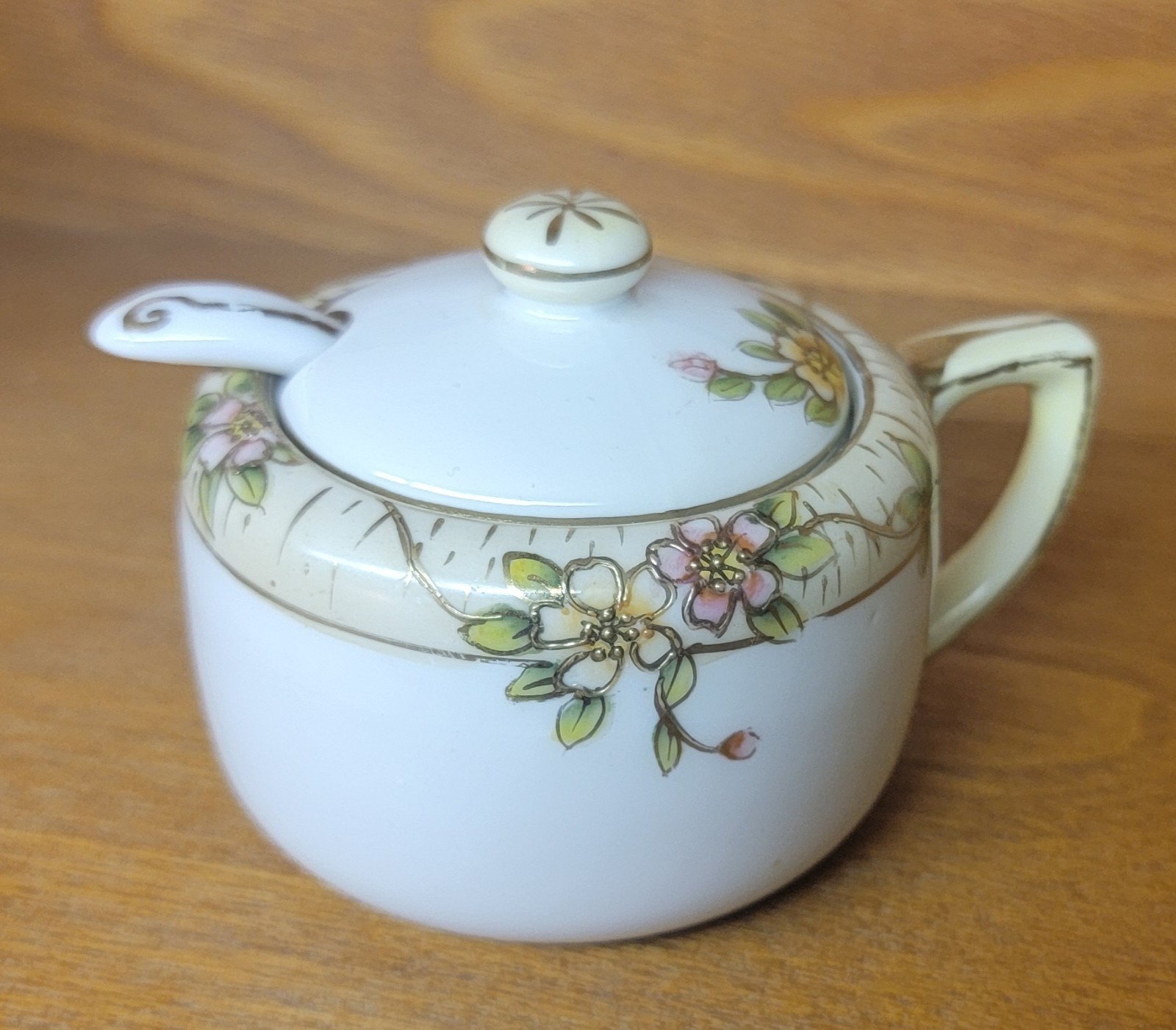 Nippon Covered Mustard  Sugar Bowl with Lid & Spoon Handled Gold Pink Flowers