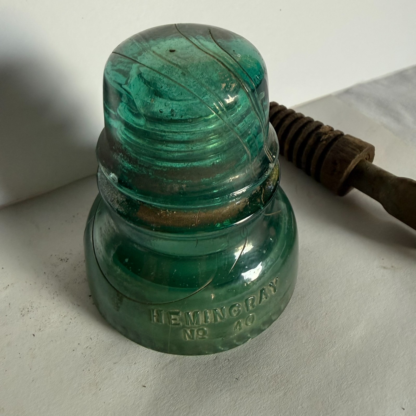 Vintage Hemingray No 40 Glass Insulator Aqua Green Pat 1893 W/ Metal Pin Bolt