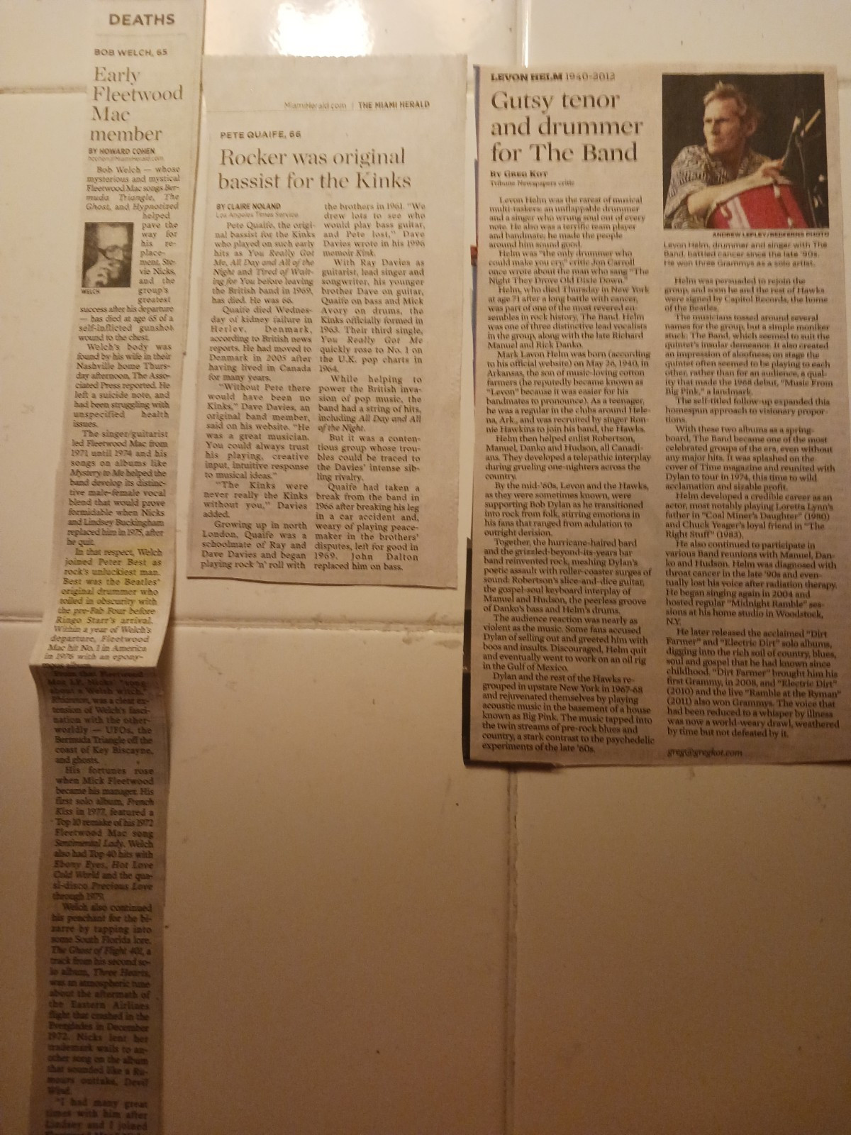 Bob Welch 65 FleetWood Mac Pete Quaife 66 Kinks Levon Helm Obituary Clippings