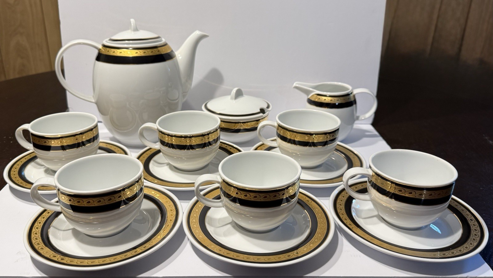 Vintage Minh Long I Fine Porcelain Tea Set Vietnam Black Gold 15 Pc