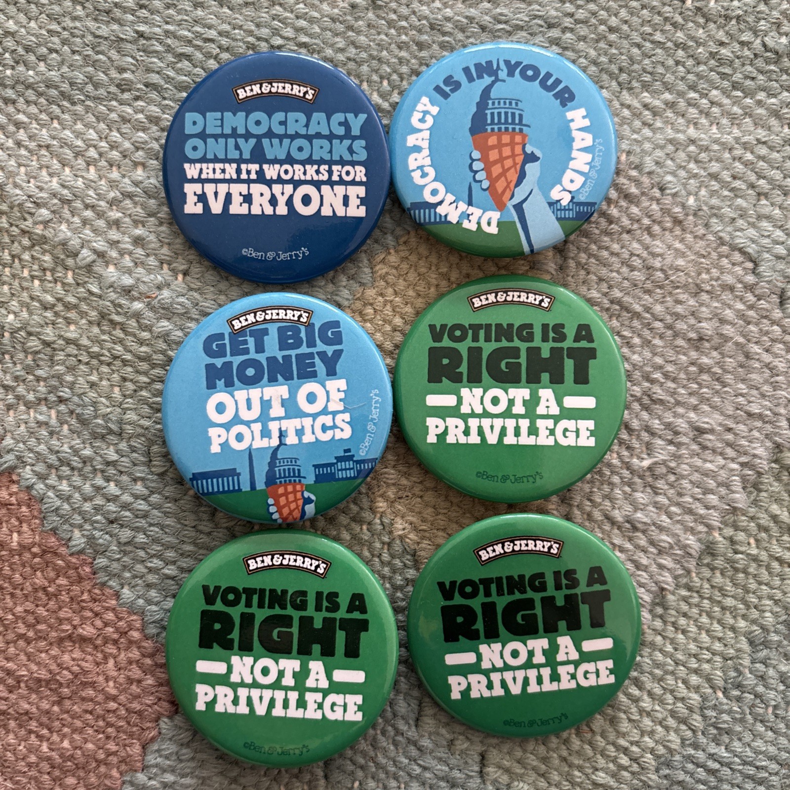 Rare Ben & Jerry's Political Pin Set (6) - Democracy Is In Your Hands, Voting