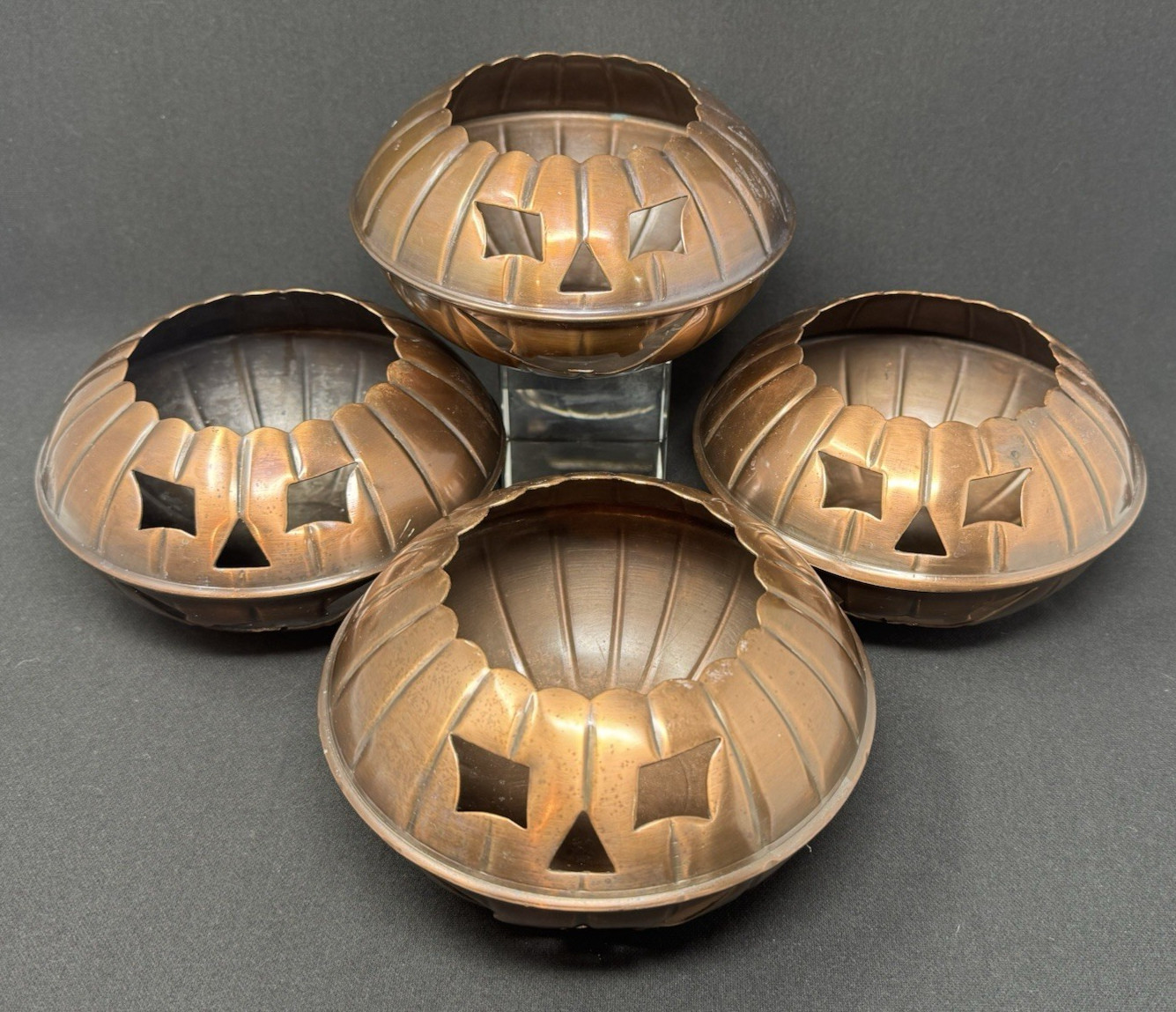 4 Copper Restoration Hardware Jack O Lantern Halloween Candle Holders Retired