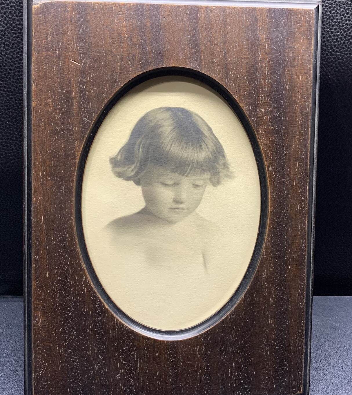 Antique 1920s Little 2 Yr Girl Portrait Walnut Frame Hand Cut Glass Fiber Paper.