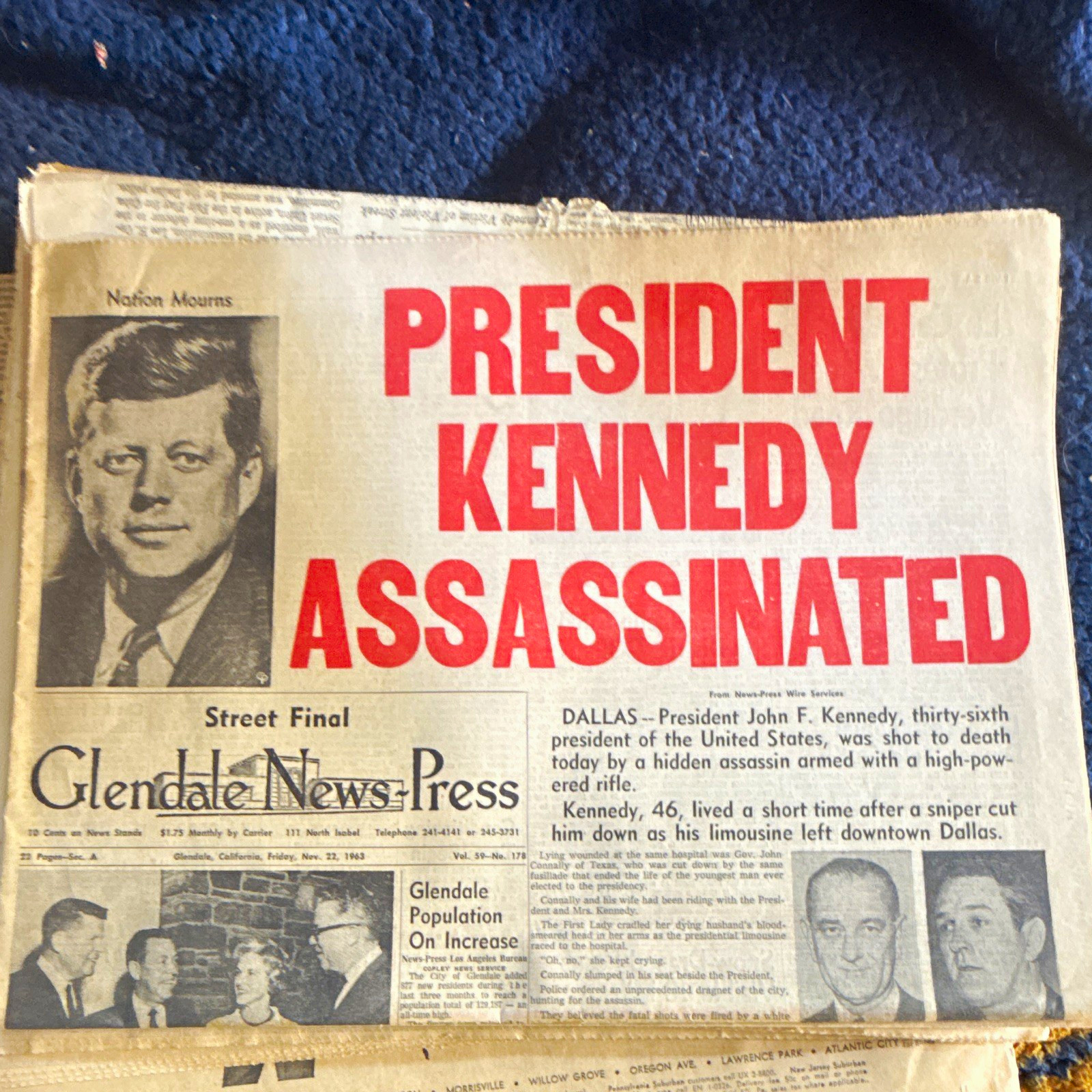 Glendale News-Press Newspaper Issue - Kennedy Assassinated Nov 23, 1963