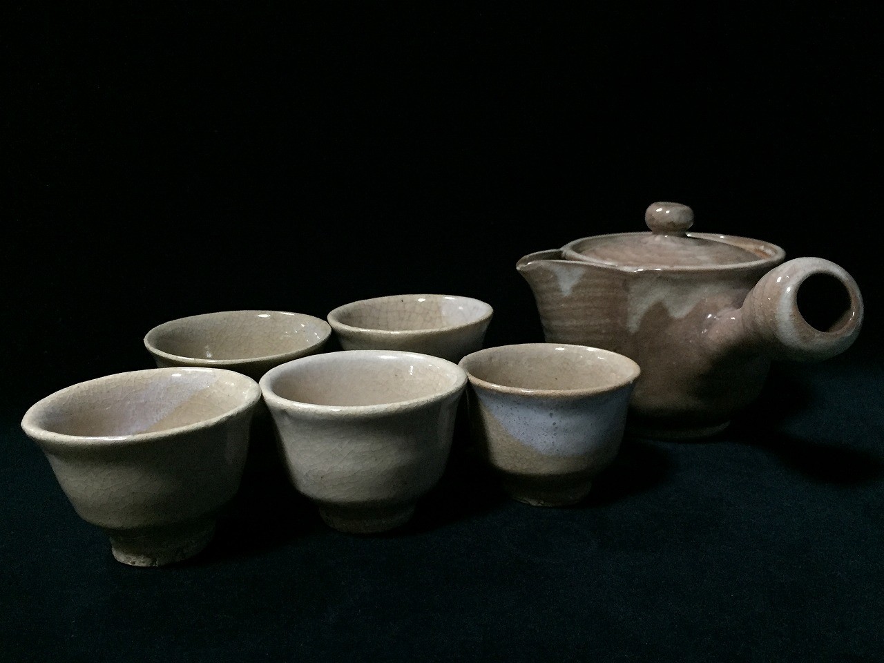 T0597 Vintage Japanese Pottery Kyusu Teapot 5 Tea Cups Set Green Tea Ware