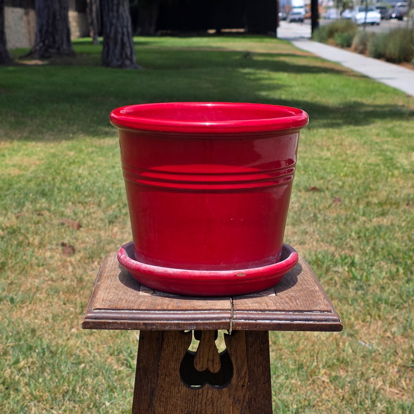 Vtg EV 21 Italy Red Glazed Terracotta Planter Flower Pot with Saucer Set 9\