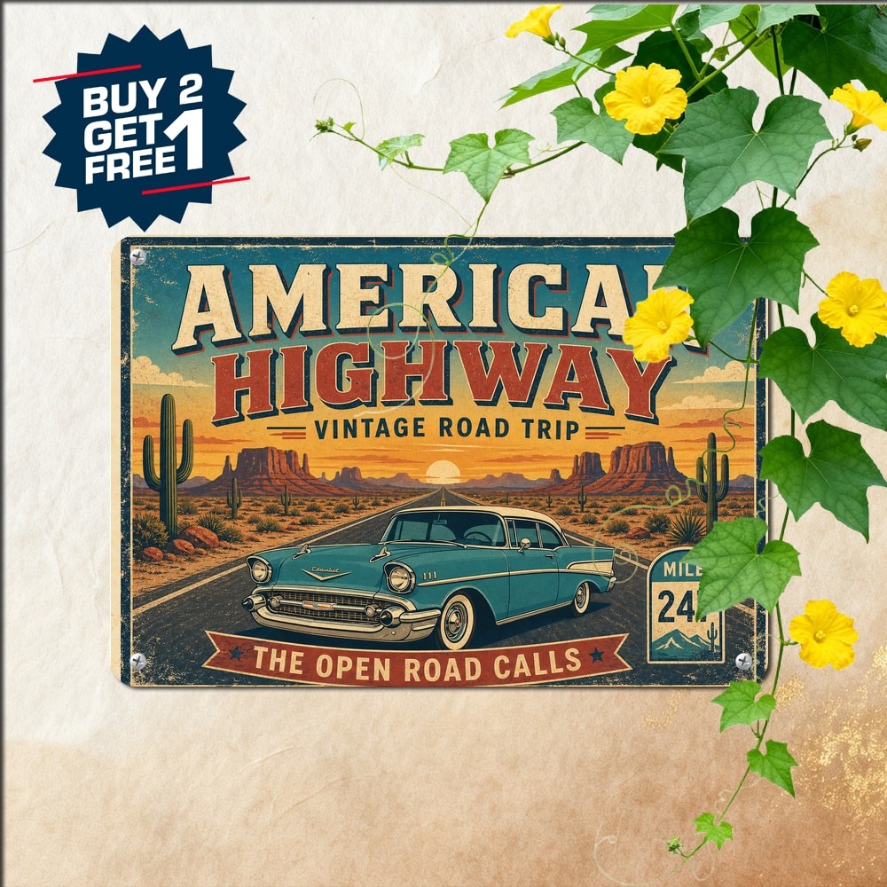 Classic American Highway Route Sign Retro Road Trip Garage Decor Metal Plaque