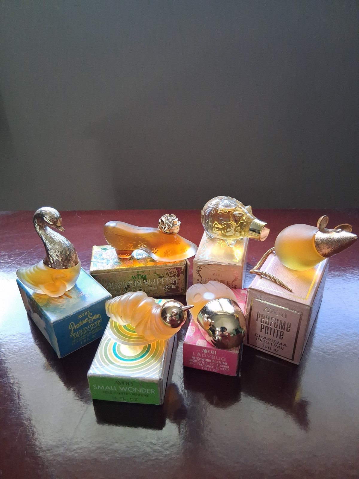6 Vtg Avon Perfume Petite. Catapillar, Mouse, Lady Bug, Swan, Pig, Slipper. NOS.