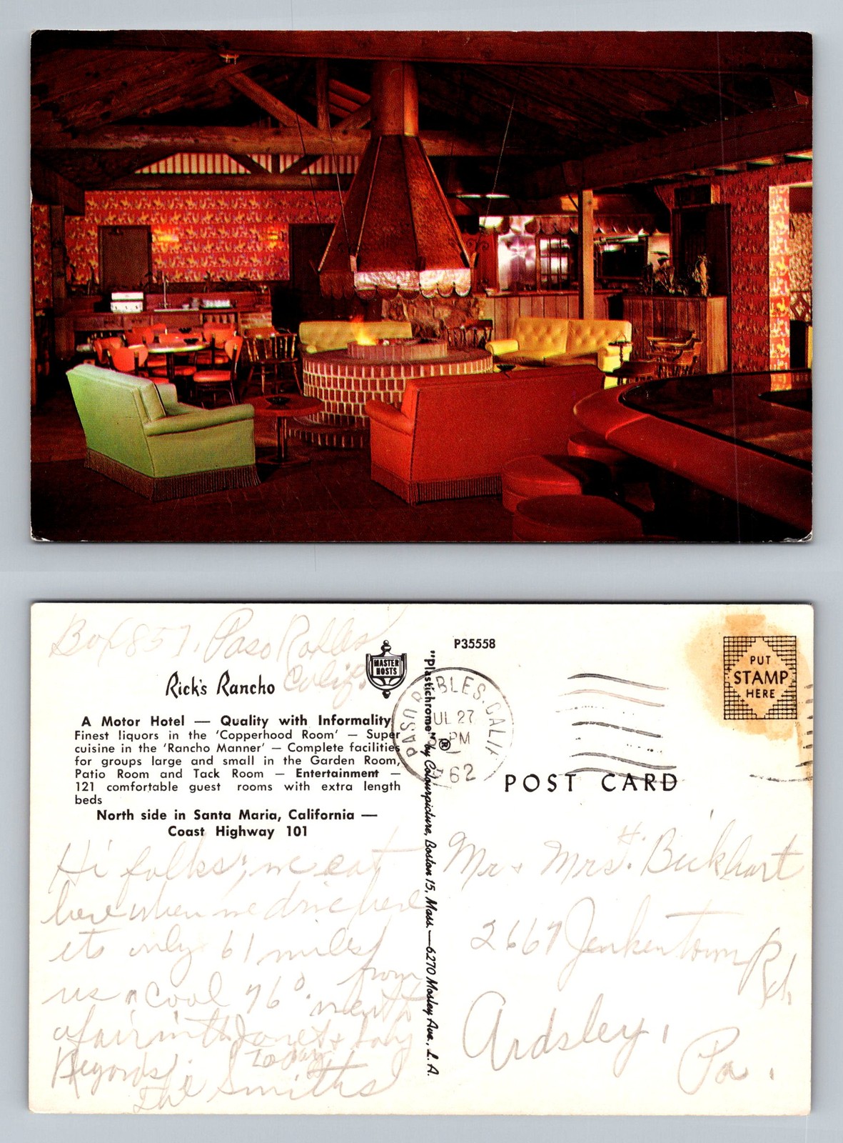 Santa Maria CA-California Rick\'s Rancho Motor Hotel Lobby Vintage c1962 Postcard