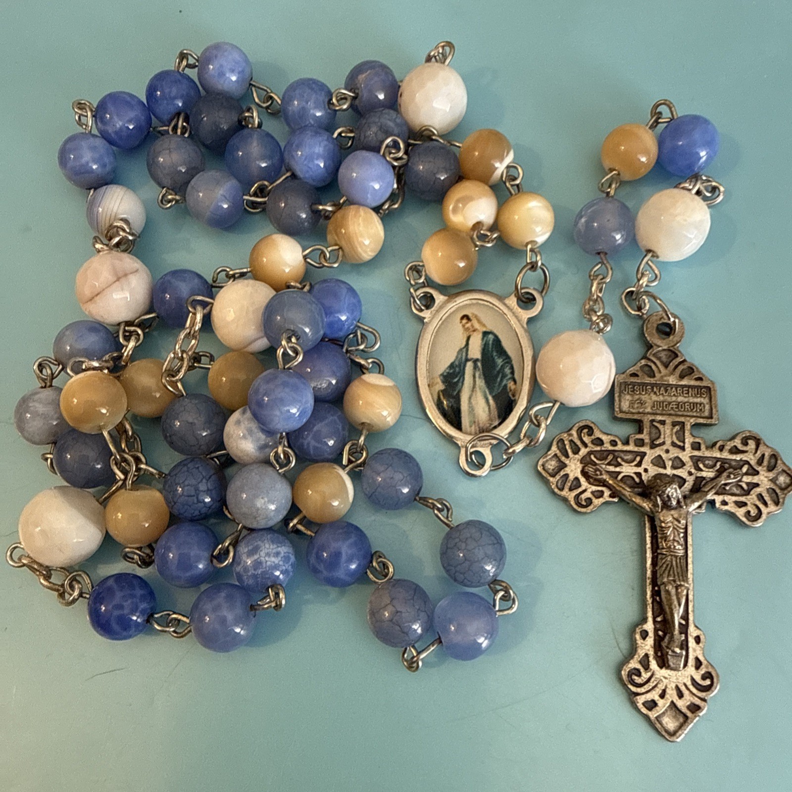 Vintage Italian Cats Eye Glass Beads  Silver Tone Cross Rosary Italy
