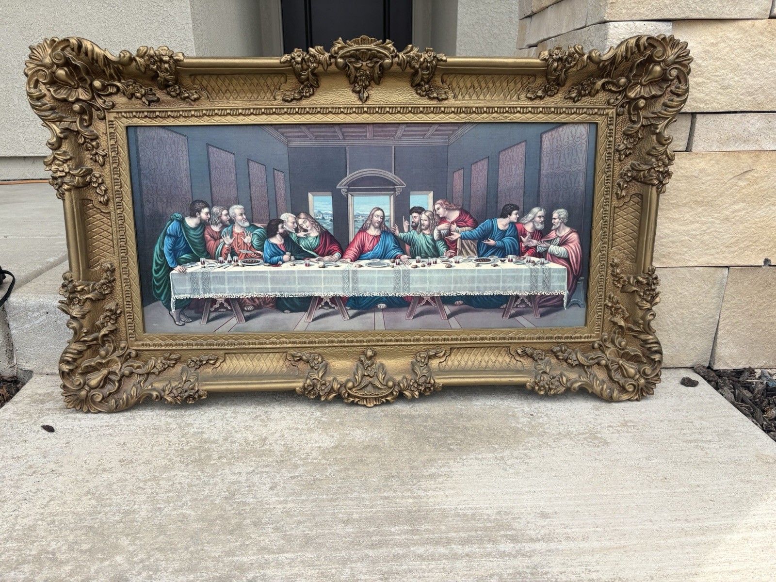 Vintage Last Supper Lithograph Religious With Golden  Frame 38 x 22’ made Italy