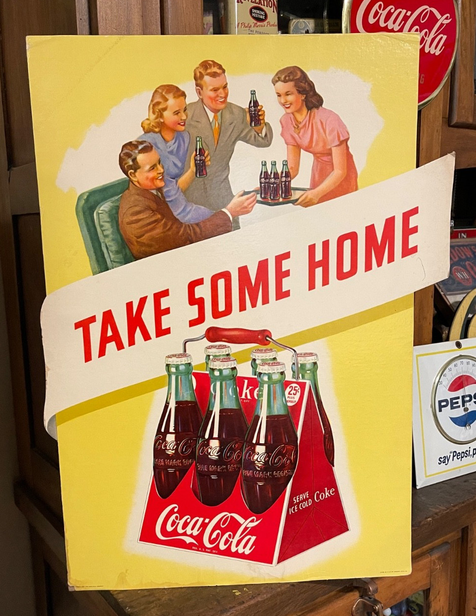 1947 COCA~COLA “TAKE SOME HOME” CARDBOARD EASEL SIGN -  GREAT CONDITION