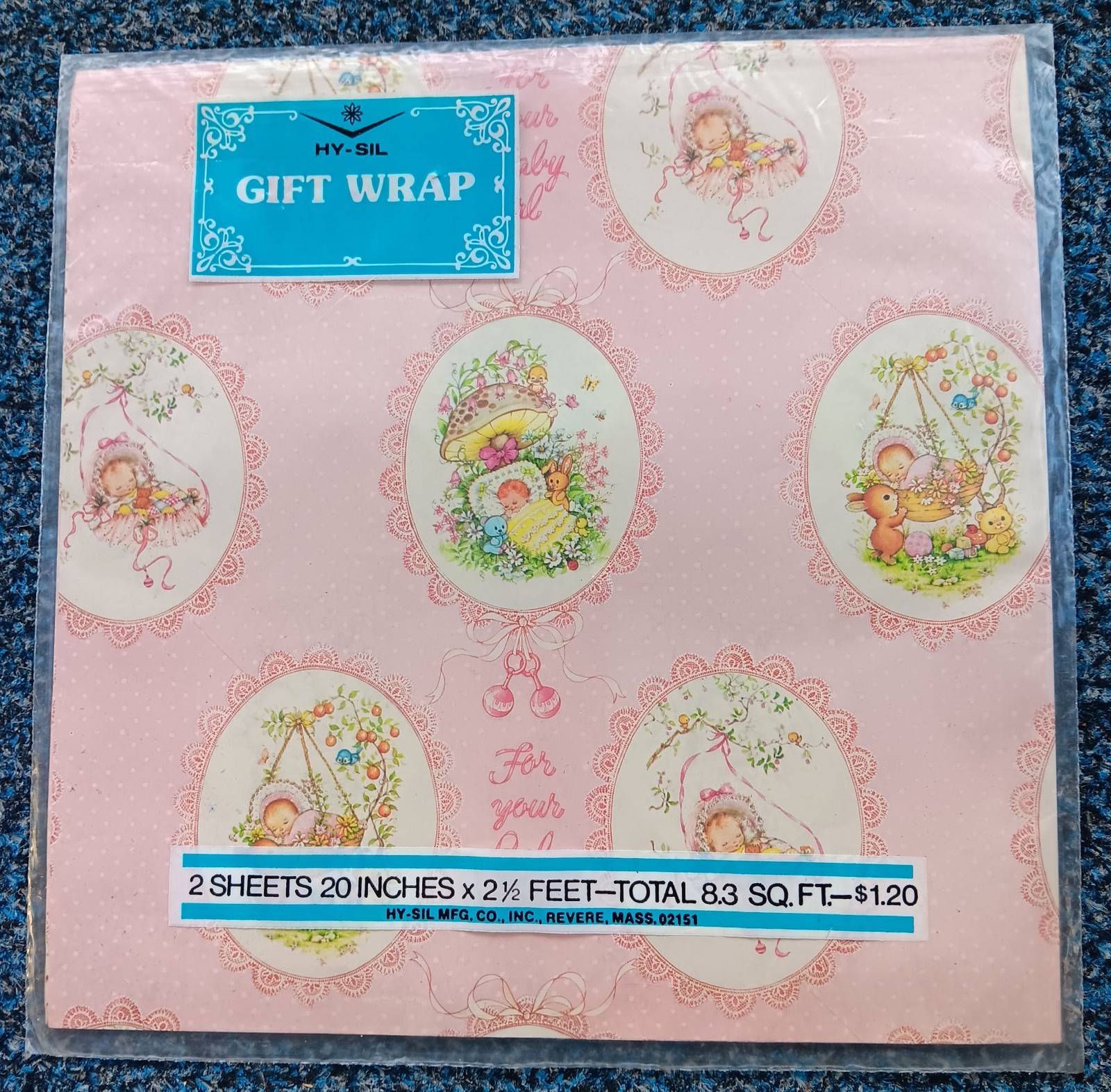Vintage Hy-Sil Gift Wrap Wrapping Paper For Your Baby Girl Shower 2 Sheets 20x30