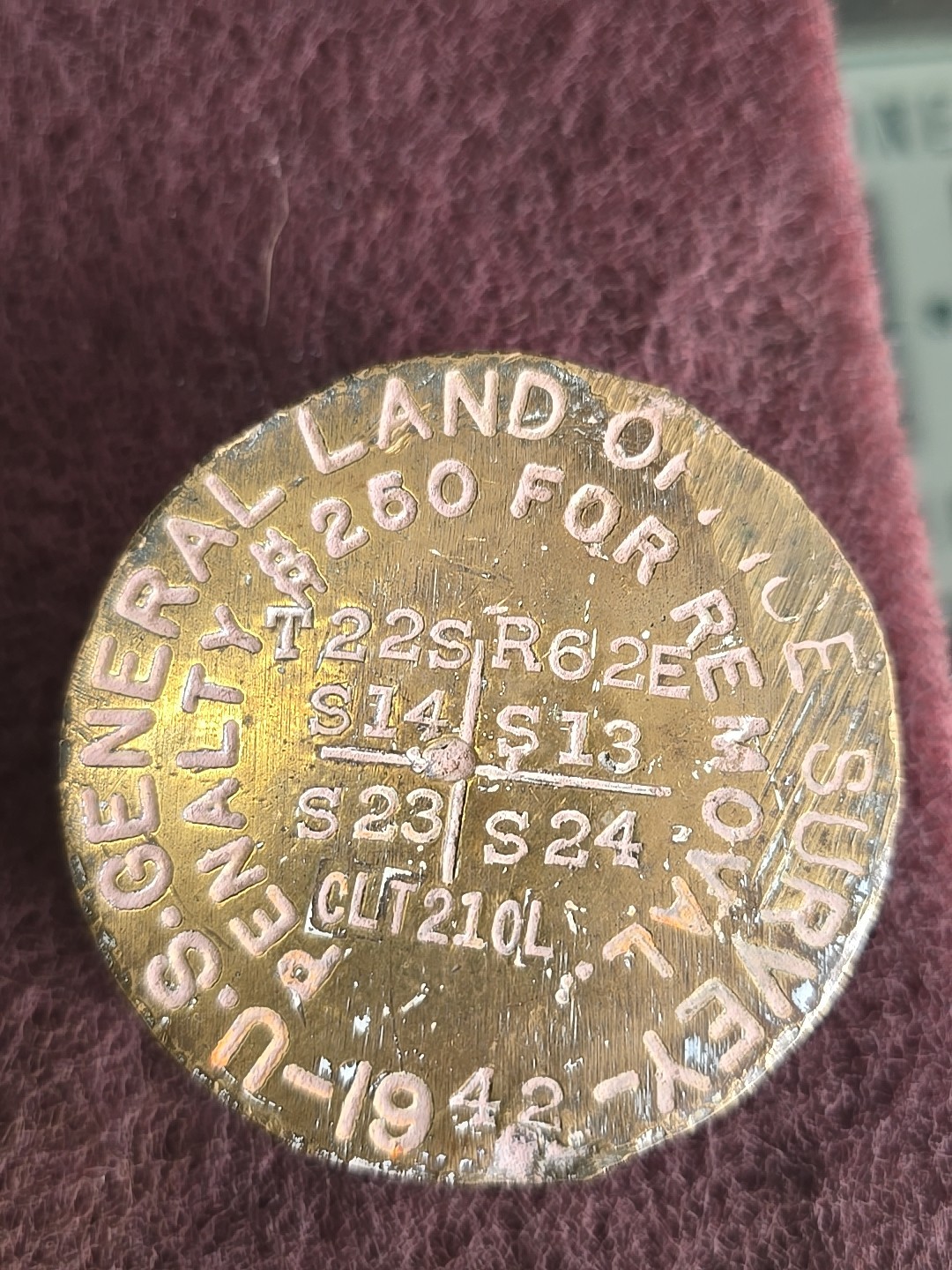 1942 US General Land Office Survey Marker Brass USFS BLM