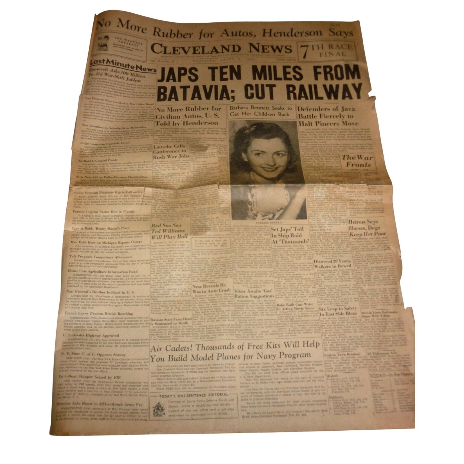 Vintage 1942 Cleveland News Newspaper WWII Batavia Java Ted Williams Rationing Vintage 1942 Cleveland News Newspaper WWII Batavia Java Ted Williams Rationing