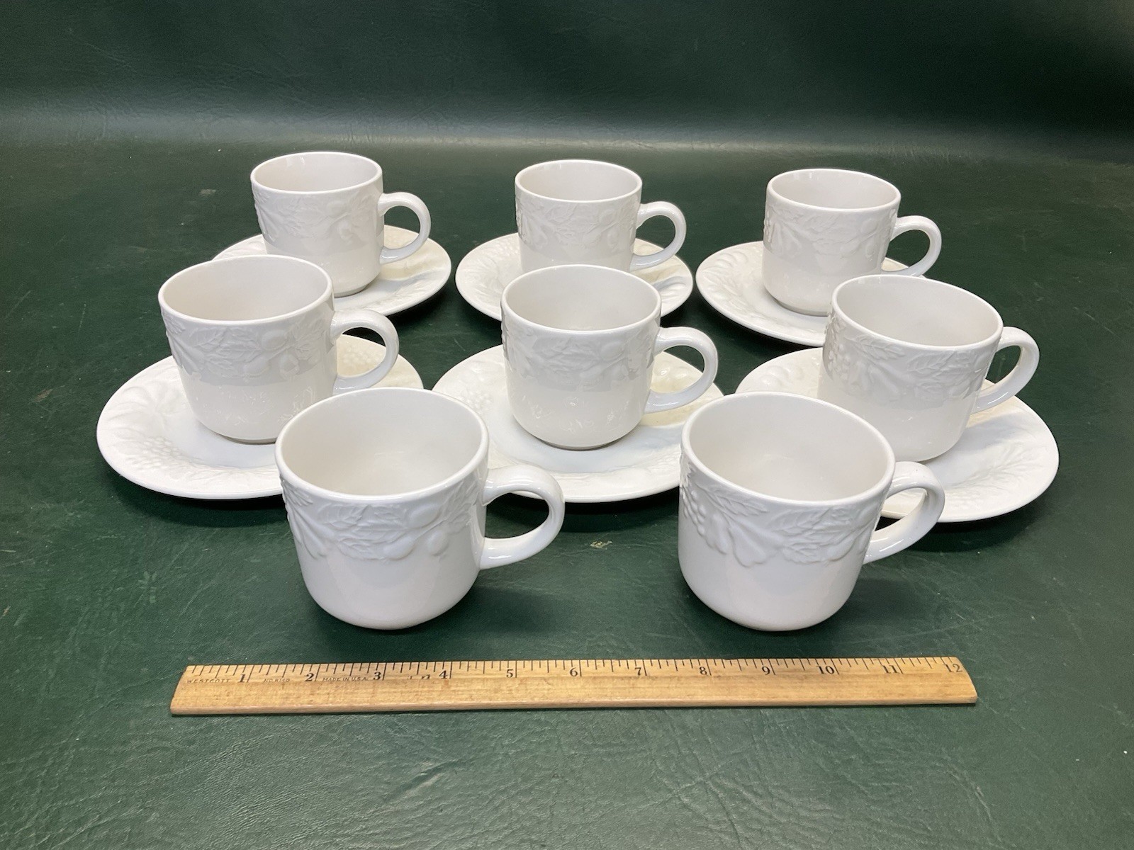 Set of Gibson Housewares White Embossed Fruit 8 Cups & 6 Saucers