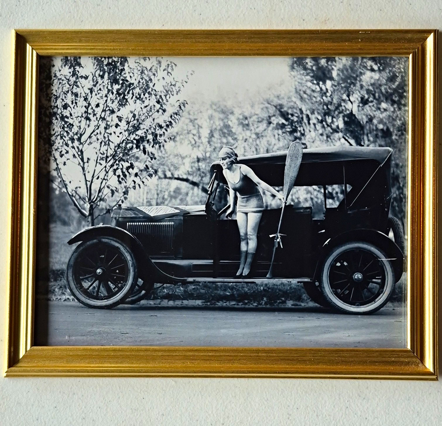 Framed 1910s Black & White Photo Woman Posing With Early Automobile