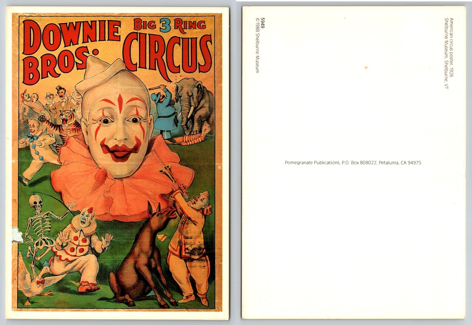 1926 Downie Bros Big 3 Ring Circus Poster Art Postcard Clown Elephant 1926 Downie Bros Big 3 Ring Circus Poster Art Postcard Clown Elephant