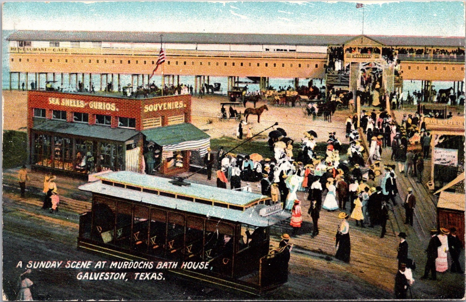 Postcard Galveston Texas A Sunday Scene at Murdochs Bath House Street Car Beach