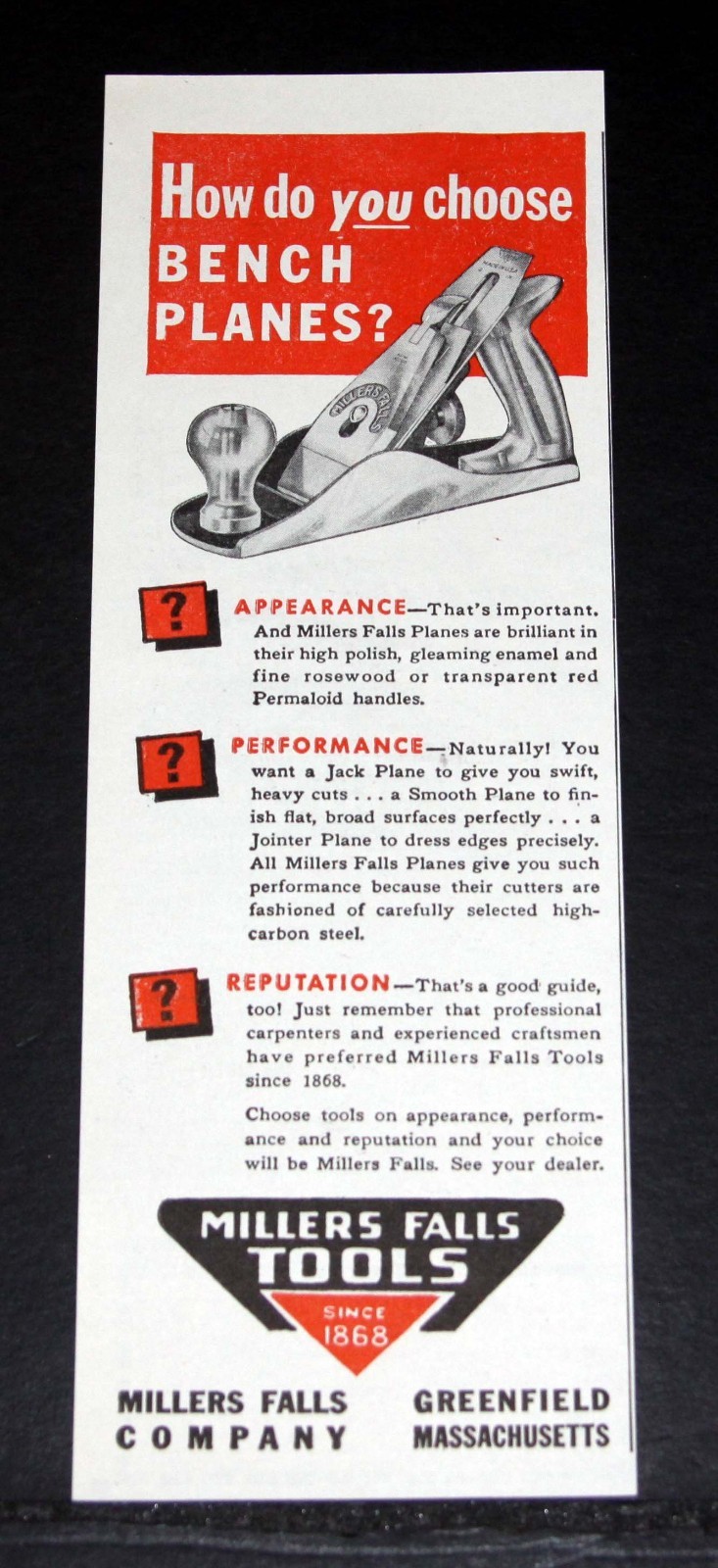 1946 OLD MAGAZINE PRINT AD, MILLERS FALLS TOOLS, HOW TO CHOOSE A BENCH PLANE?