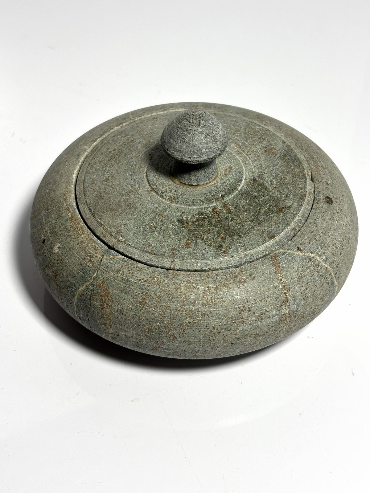 Antique Hand-Carved Stone Storage Curd Jar With Lid - Rustic Gray Tones - 5\