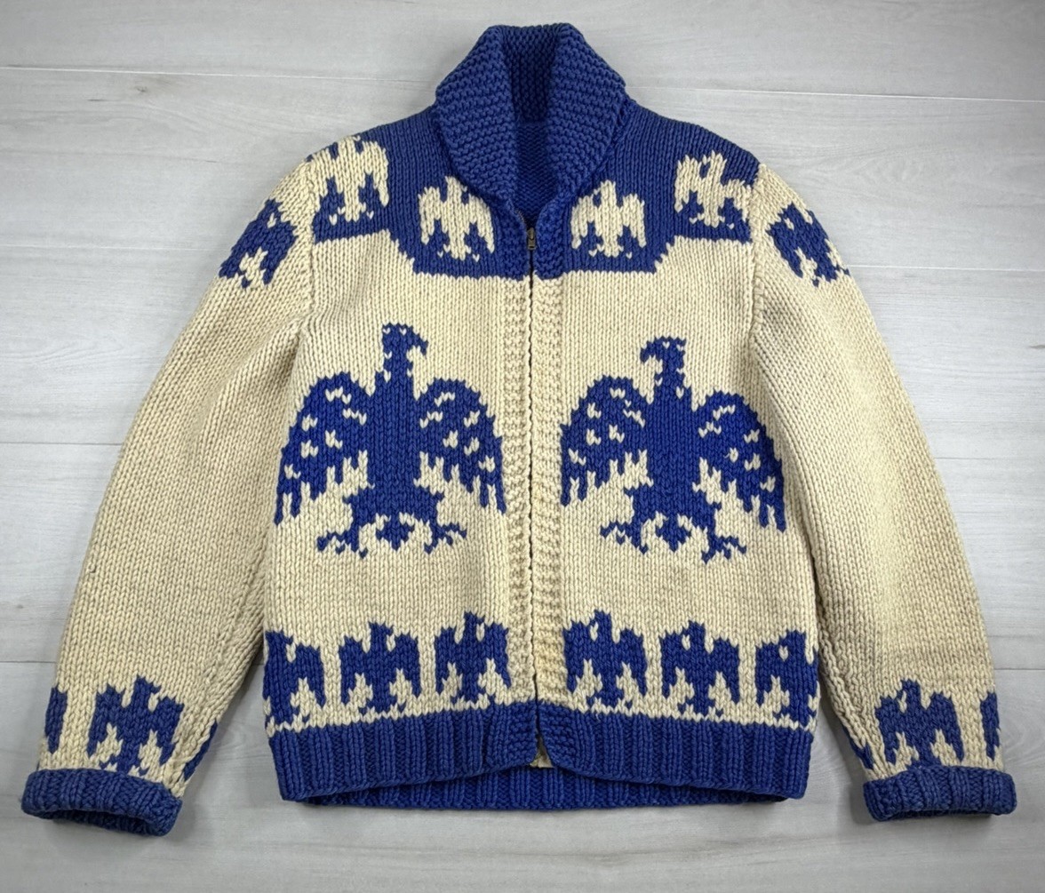 Vtg Thunderbird Sweater Wool Shawl Collar Cowichan Cardigan Crown Zip 50s 60s M