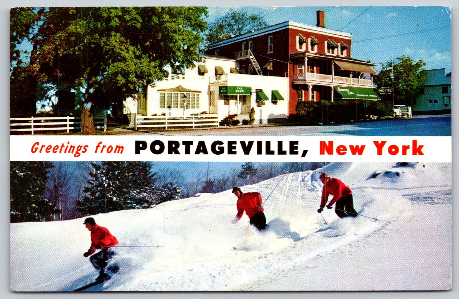 Portageville NY Genesee Falls Highway Hotel Ski Swain Chrome Postcard BB276