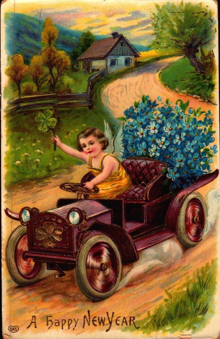 Antique  Postcard  Angel Child Driving An Antique Car  1910 Happy New Year