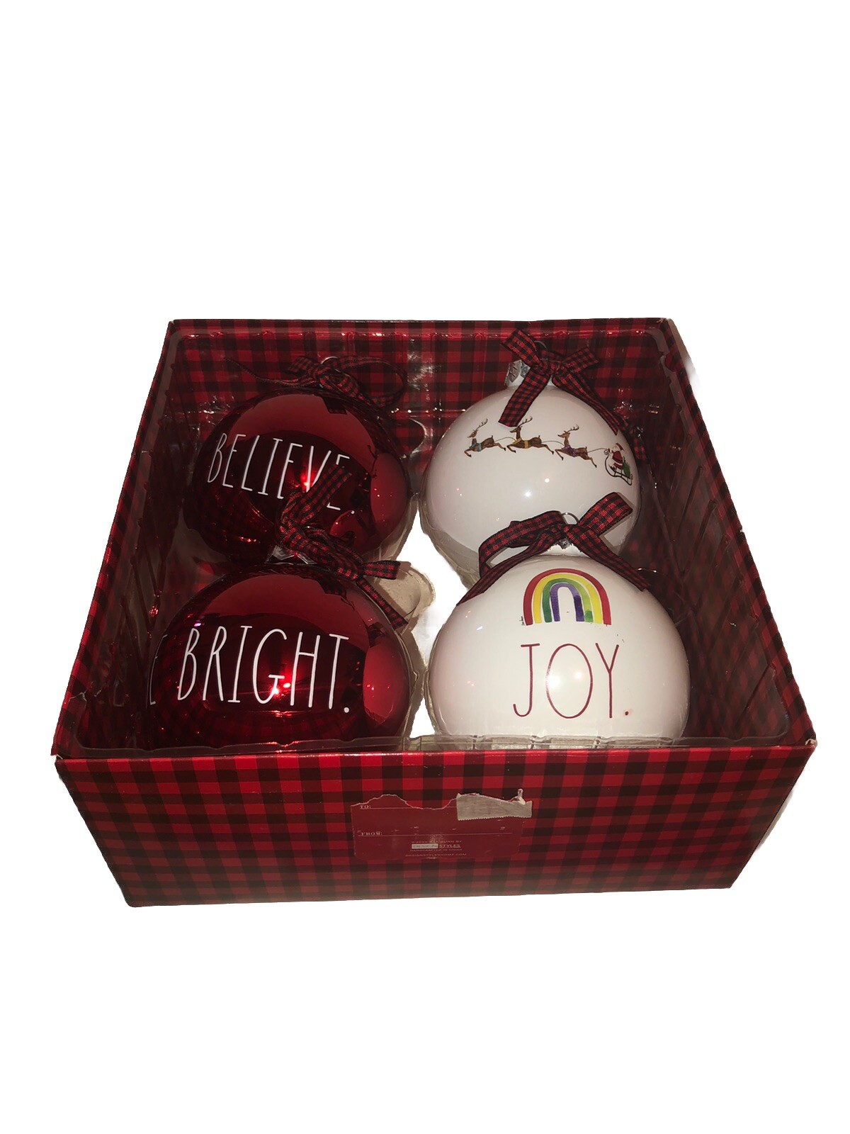 Rae Dunn Glass 4” Christmas Ball ￼ Ornaments Joy Believe Bright Santa Fun