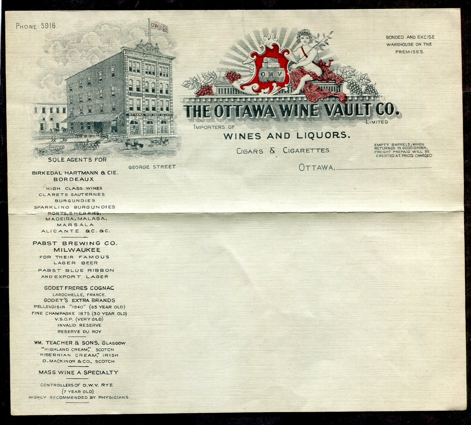 CANADA c1907-10s The Ottawa Wine Vault. Beers, Liquors. ADVERTISING Letterhead